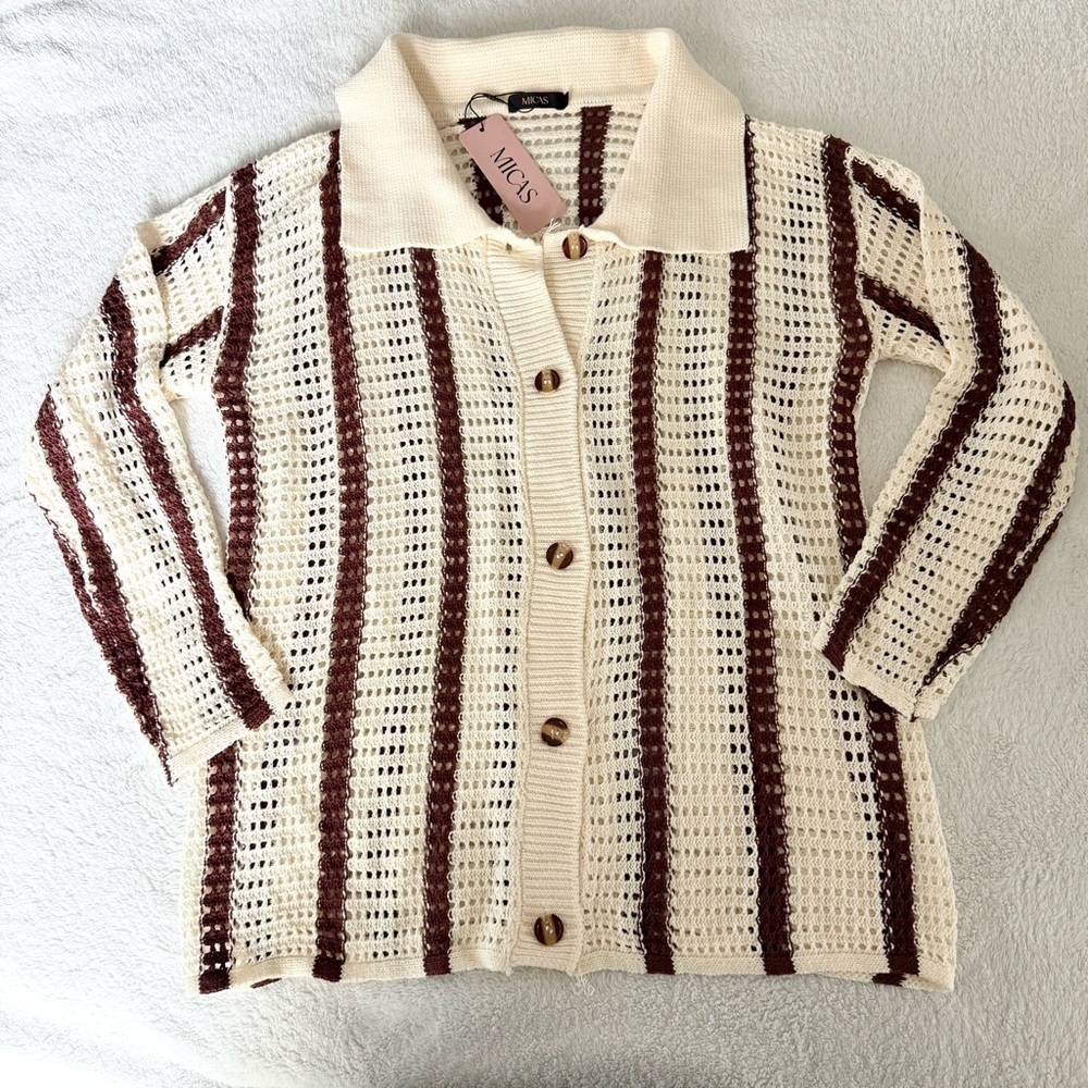 Women’s Knitted Cardigan Long Sleeve Button Up Crochet Striped Cardigan Sweater - Picture 4 of 10